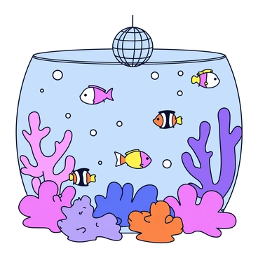 An underwater scene featuring a vibrant array of colorful fish swimming among various types of corals. The corals are shaped like branches and fans, displaying shades of pink, purple, and orange. A sparkling disco ball hangs above, casting shimmering reflections across the water, illuminating the fish and corals with dappled light patterns. Bubbles rise gently from the fish as they move gracefully through the water, adding to the dynamic feel of the scene.