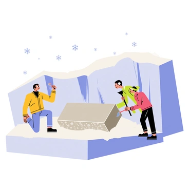 A time capsule, resembling a metallic box with intricate designs, is partially embedded in a thick layer of ice beneath a glacier. Scientists in bright-colored winter gear are carefully extracting the capsule with specialized tools. One scientist is kneeling beside the capsule, examining the surface with a magnifying glass, while another is using a pick to chip away at the surrounding ice. The glacier's icy blue tones contrast with the vibrant clothing of the scientists, highlighting the chilly environment. Snowflakes are gently falling in the background, adding to the scene's wintry atmosphere.