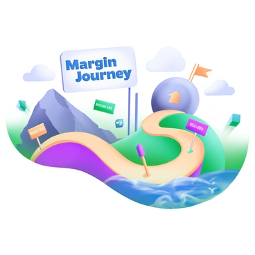 A modern pastel illustration featuring a winding path labeled "Margin Journey" in bold, blue letters. The path is surrounded by various stock market obstacles, including a large boulder labeled "Volatility," a steep hill representing "Margin Calls," and a turbulent river symbolizing "Market Fluctuations." Small flags and signs along the path offer tips, with icons of upward and downward arrows indicating market trends. A clear sky above adds to the scene, enhancing the colorful elements of the illustration.