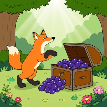 A playful fox with bright orange fur and a bushy white tail is standing on its hind legs in a lush green forest. The fox has curious, wide eyes and perked ears, showcasing its excitement. In front of the fox, there is a large, weathered treasure chest with an ornate design, slightly ajar to reveal the contents inside. The chest is overflowing with bunches of plump, purple grapes, spilling out onto the forest floor. Sunlight filters through the leafy canopy above, creating dappled light on the ground around the fox and the treasure chest. Various colorful flowers and small ferns surround the scene, adding to the vibrant forest atmosphere.