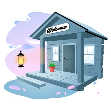 An oil lamp is flickering gently on a wooden porch of an old roadside inn. The lamp emits a warm glow, casting soft shadows on the weathered floorboards. The inn features rustic wooden beams and a faded sign hanging above the porch, which reads "Welcome." The sky is transitioning into twilight, with gradient pastel colors of pink and purple blending together. A few scattered leaves are resting on the ground, and a small potted plant sits beside the oil lamp.