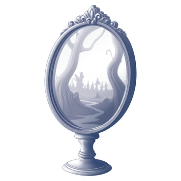 An ornate mirror with intricate carvings along the frame stands prominently. The mirror's surface is smooth and polished, capturing the light around it. Reflected within the glass is a different, mysterious world featuring a landscape of towering, twisted trees and fog hovering above the ground. In the background, strange shapes loom, suggesting the presence of unusual structures or creatures within the depths of the reflection. The contrast between the mirror's decorative frame and the wild, enigmatic scene it reflects creates a sense of intrigue and wonder.