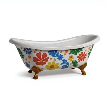 A vintage bathtub with a glossy white finish, featuring a variety of colorful and artistic designs painted on its exterior. These designs include vibrant florals, abstract shapes, and geometric patterns in shades of blue, red, yellow, and green. The bathtub has ornate claw feet that are gold in color, adding an elegant touch. It is placed on a smooth wooden floor, and soft light reflects off its surface, highlighting the intricate details of the artwork.