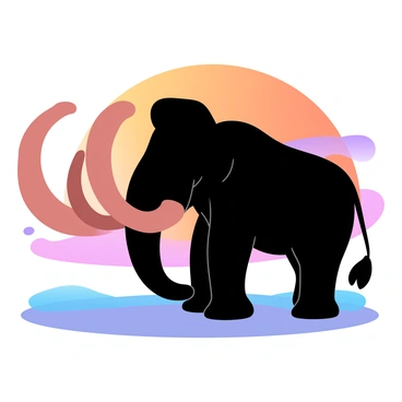 A silhouette of a mammoth stands tall against a vibrant sunset. The mammoth's large, curved tusks are prominently visible, contrasting against the colorful gradient of the sky. The sunset features hues of orange, pink, and purple blending seamlessly together. Below the mammoth, the landscape is smooth and flat, suggesting a vast open space. The overall scene captures the majesty of the mammoth in a stunning natural setting.