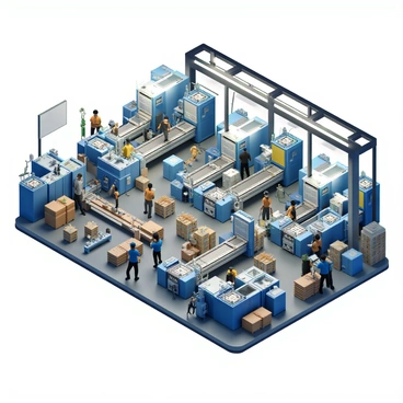 A large factory interior filled with activity. Various workers of diverse backgrounds are diligently operating large industrial machines. Some workers are standing beside high-tech equipment, focusing on their tasks, while others are monitoring conveyor belts that transport products swiftly along the assembly line. The factory is well-lit, with overhead lights illuminating the workspace, and there are stacks of materials and finished products organized throughout the area. The atmosphere conveys a sense of productivity and teamwork.