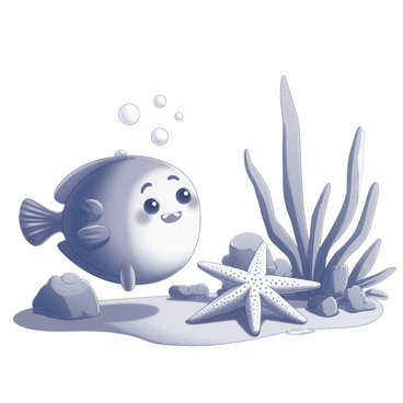 A puffer fish with a rounded, spiky body is positioned near a rocky seabed. Its facial expression shows curiosity as it faces a starfish with five distinct arms spread out on the ocean floor. The starfish has a textured surface, with detailed patterns visible on its body. Surrounding them are various sea plants swaying gently in the water, providing a lively backdrop. Bubbles rise from the puffer fish, indicating an animated conversation as they interact in their underwater environment.