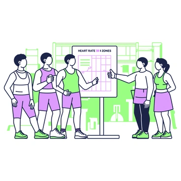 A fitness coach stands in front of a group of gym-goers, actively explaining heart rate zones. The coach has a clipboard in one hand and is pointing towards a large chart displayed on a nearby wall. The chart illustrates various heart rate zones with labels and graphical representations. The gym-goers are attentively listening, with some taking notes. They are dressed in workout attire, including tank tops, shorts, and fitness shoes. The setting is a modern gym equipped with exercise machines and weights in the background. The atmosphere is focused on fitness and learning.