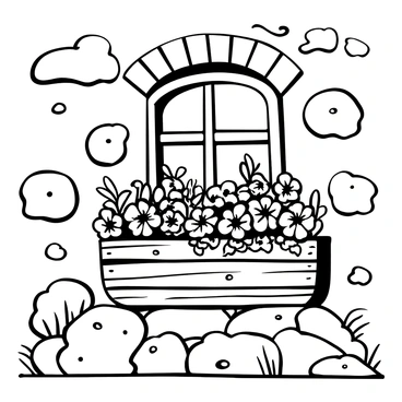A charming window box overflowing with "geraniums" and "petunias" placed on a weathered stone wall of an old cottage. The window box is made of wood, showcasing a rustic texture, and the stones of the cottage exhibit varying sizes and shapes. The flowers spill over the edges of the box, creating a lush appearance. Above the window box, the cottage has a small, arched window with a wooden frame, partially covered by cascading foliage from nearby plants. A layer of moss covers some of the stones, adding to the aged look of the cottage.