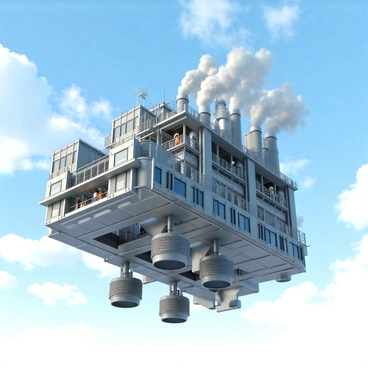 A large factory with a metallic structure is suspended in the sky by four giant propellers that spin steadily. The factory is comprised of several levels, each filled with intricate machinery and conveyor belts. Smoke is billowing from exhaust vents on the sides, indicating the ongoing production of machinery parts. Large windows are visible on the factory's sides, showcasing workers in safety gear operating various machines. The sky surrounding the factory is a bright blue with scattered clouds, adding to the surreal atmosphere of this airborne industrial scene.