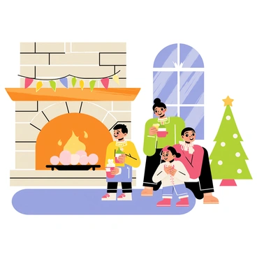 A cozy winter scene by the fireplace with a family sipping hot cocoa