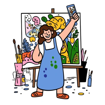 An artist taking a selfie in front of a large work-in-progress illustration