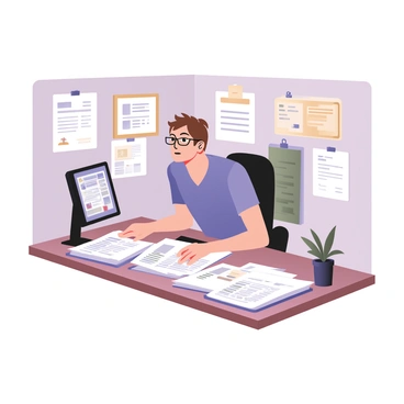 A worker is seated at a desk in an office setting, focused on organizing auto transport documents. The worker is wearing a blue shirt and glasses, with short brown hair. The desk is cluttered with piles of papers, divided into labeled folders, and there is a computer screen displaying spreadsheet data in front of the worker. To the right of the desk, there is a small potted plant, and on the wall behind, there are framed certificates and a bulletin board with notes and reminders. The ambient lighting is bright, illuminating the workspace.