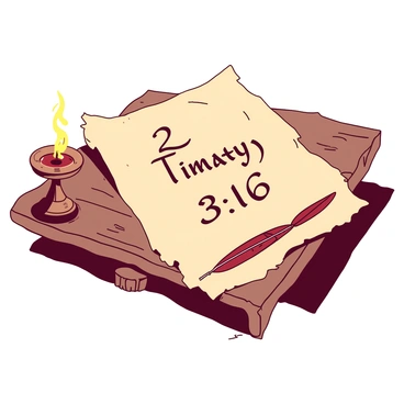 An ancient piece of papyrus is lying flat on a rustic wooden table. The surface of the papyrus is weathered, displaying a rich texture with frayed edges and subtle discoloration. Carefully inscribed in elegant, flowing script are the words "2 Timothy 3:16," filled with intricate details that reflect careful craftsmanship. The surrounding area has a soft glow from a flickering oil lamp, casting light that enhances the aged appearance of the papyrus. A feather quill rests beside it, stained with ink, suggesting it was used to create this beautiful inscription.