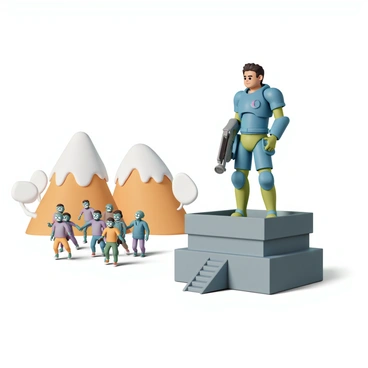 A character, wearing a blue and green armored suit, stands confidently on top of a fortified structure. They are equipped with a futuristic-looking blaster, aiming towards a group of colorful, cartoonish zombies approaching from the left. The zombies vary in appearance, with exaggerated features like big eyes, goofy grins, and mismatched clothing. Some are staggering while others are running, all with vibrant colors such as bright green, purple, and orange. The background shows a whimsical landscape with cartoon-style trees and hills, enhancing the playful atmosphere of the scene. The character's determined expression emphasizes their readiness to defend their base against the oncoming horde.