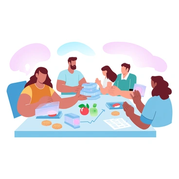 A family is gathered around a dining table, packing an emergency meal kit for a camping trip. Each family member is involved in the process, with one person organizing sealed containers on the table. The containers are labeled and stacked neatly, emphasizing the importance of preventing cross-contamination. On the table, there are also various food items, such as fruits, snacks, and ready-to-eat meals, ready to be placed into the containers. A checklist is visible in front of them, ensuring they don’t forget any essential items for their trip. Bright colors are present in the scene, showcasing the lively atmosphere of family preparation.