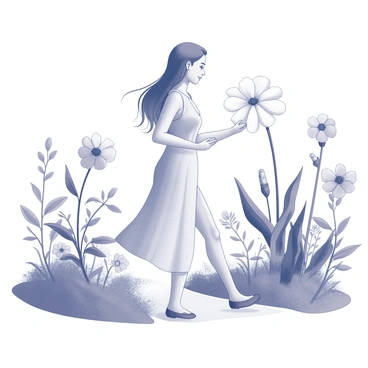 A woman walking through a garden filled with various types of flowers. She is wearing a light, flowing dress and has long hair that moves gently with the breeze. The woman is bending slightly forward, closely examining a large bloom with petals spread wide. Around her, there are flowers in different shapes and sizes, some with long stems and lush green leaves. The garden has a winding path, which she follows as she admires the colorful blossoms surrounding her.