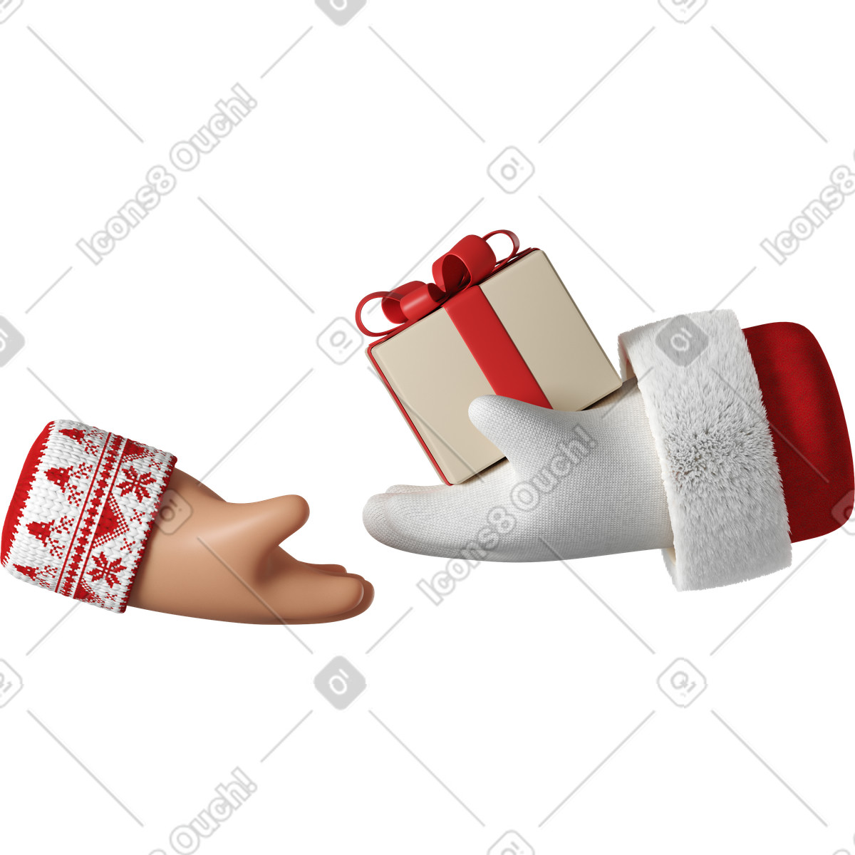3D Hands Fun&Wild スタイルの Santa Claus giving a gift box to tanned skin hand のイラストをPNG、SVG形式でダウンロード