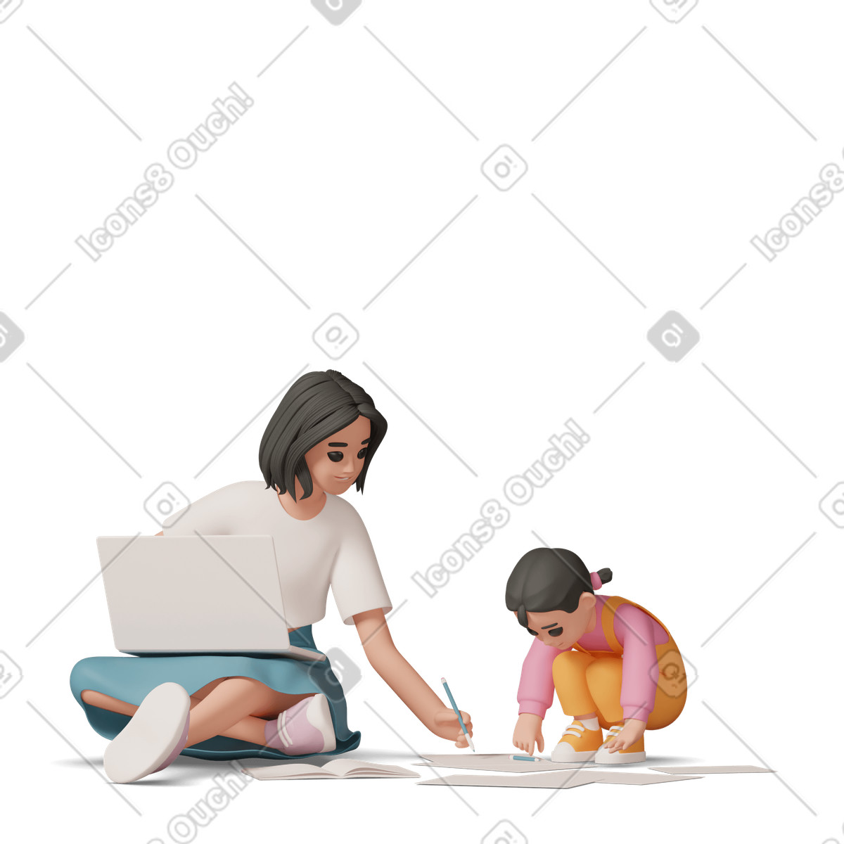 Business mom working at laptop while her daughter drawing on document illustration in 3D Casual life style download in PNG, SVG