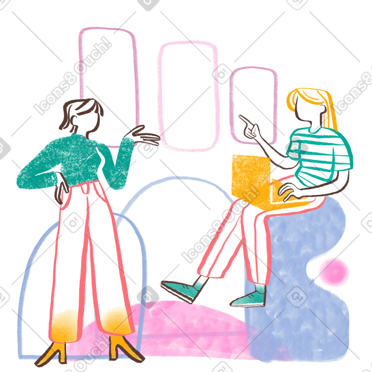 Two co workers discussing presentation with graphs illustration in PNG, SVG