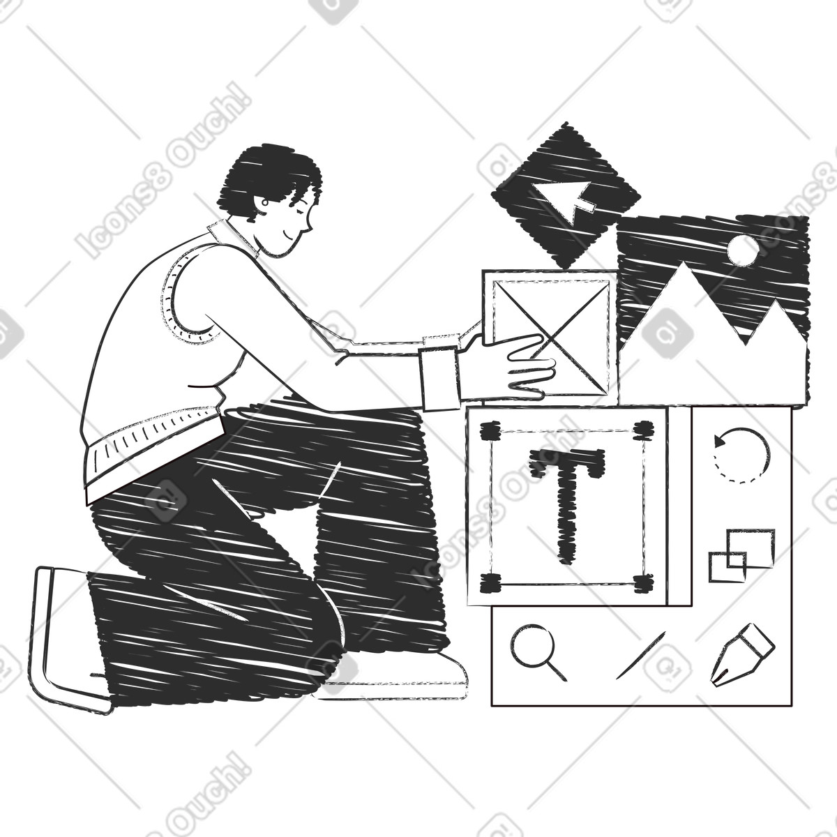 Designer arranging UI blocks, digital interface layout illustration in PNG, SVG
