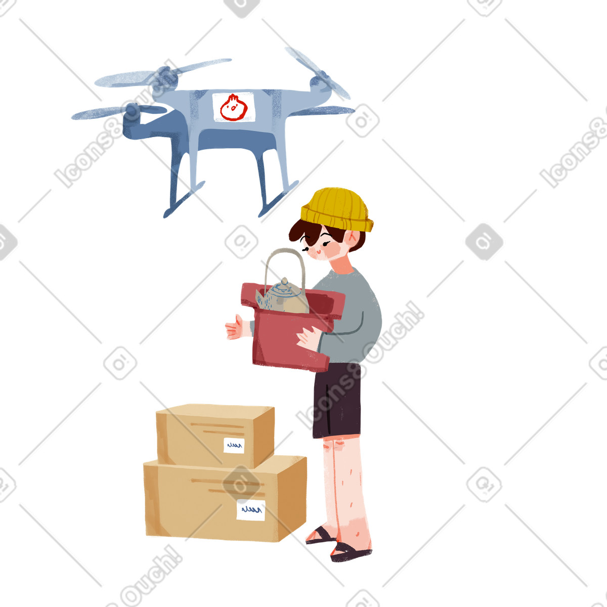 Ikigai 스타일의 Drone delivered packages to a boy 일러스트레이션 PNG, SVG 다운로드