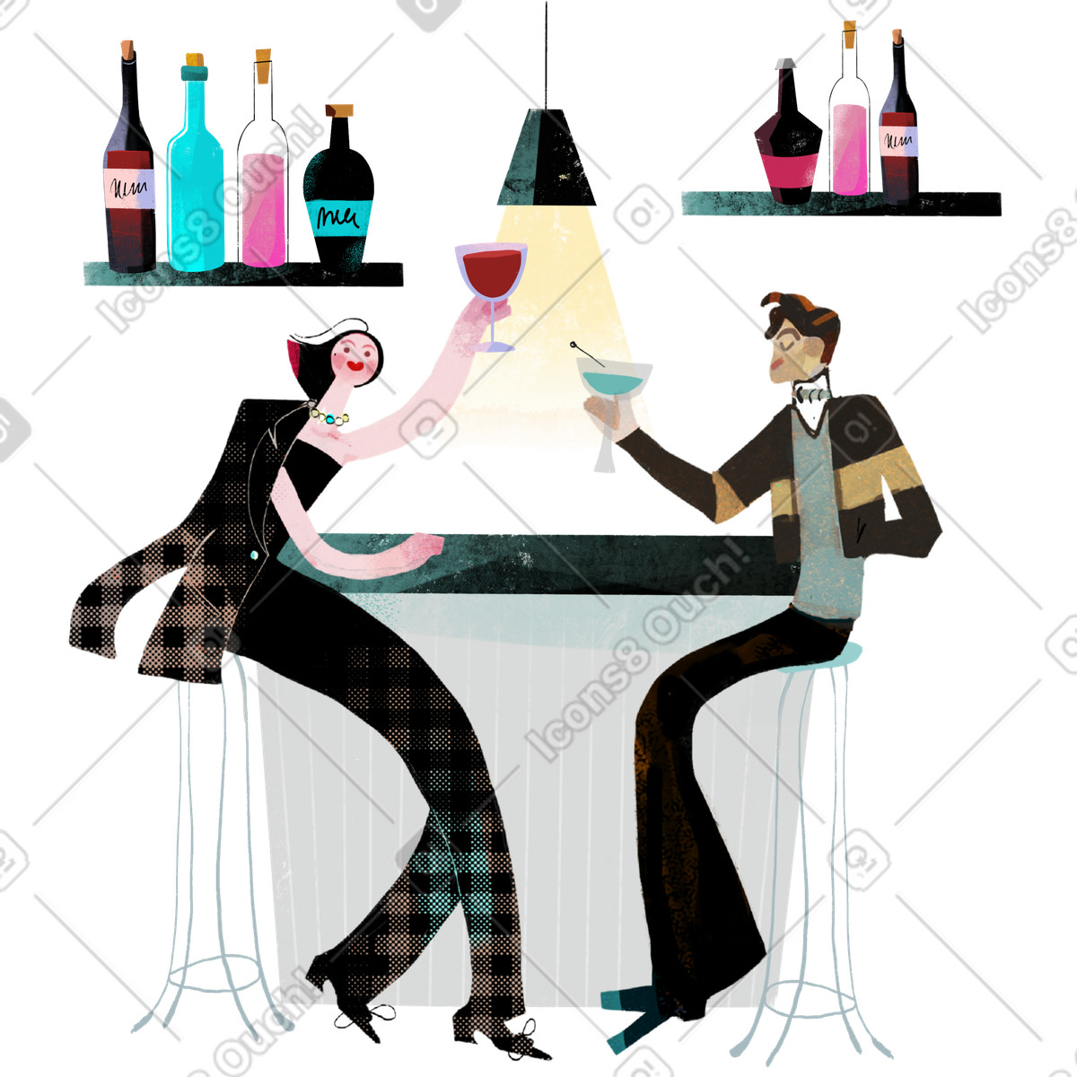 Paar in einer trendigen bar-Illustration im Fabulous-Stil als Download PNG, SVG