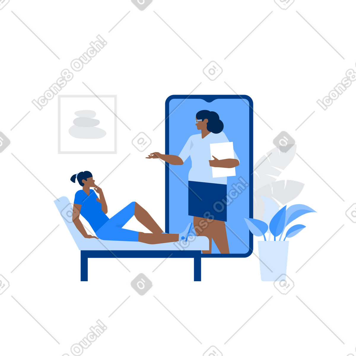 Ilustración La psicóloga en pantalla del teléfono inteligente realiza una sesión de psicoterapia línea con mujer el sofá estilo Urban a descargar PNG y SVG