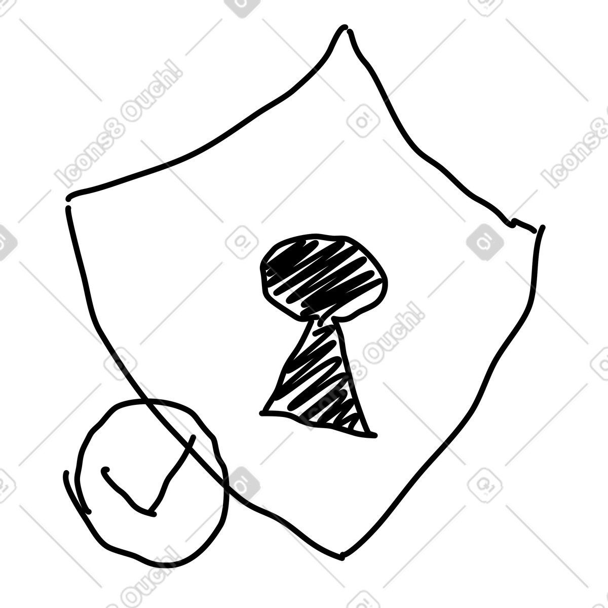 Rough Sketch スタイルの Shield security emblem with central keyhole and circular checkmark badge のイラストをPNG、SVG形式でダウンロード