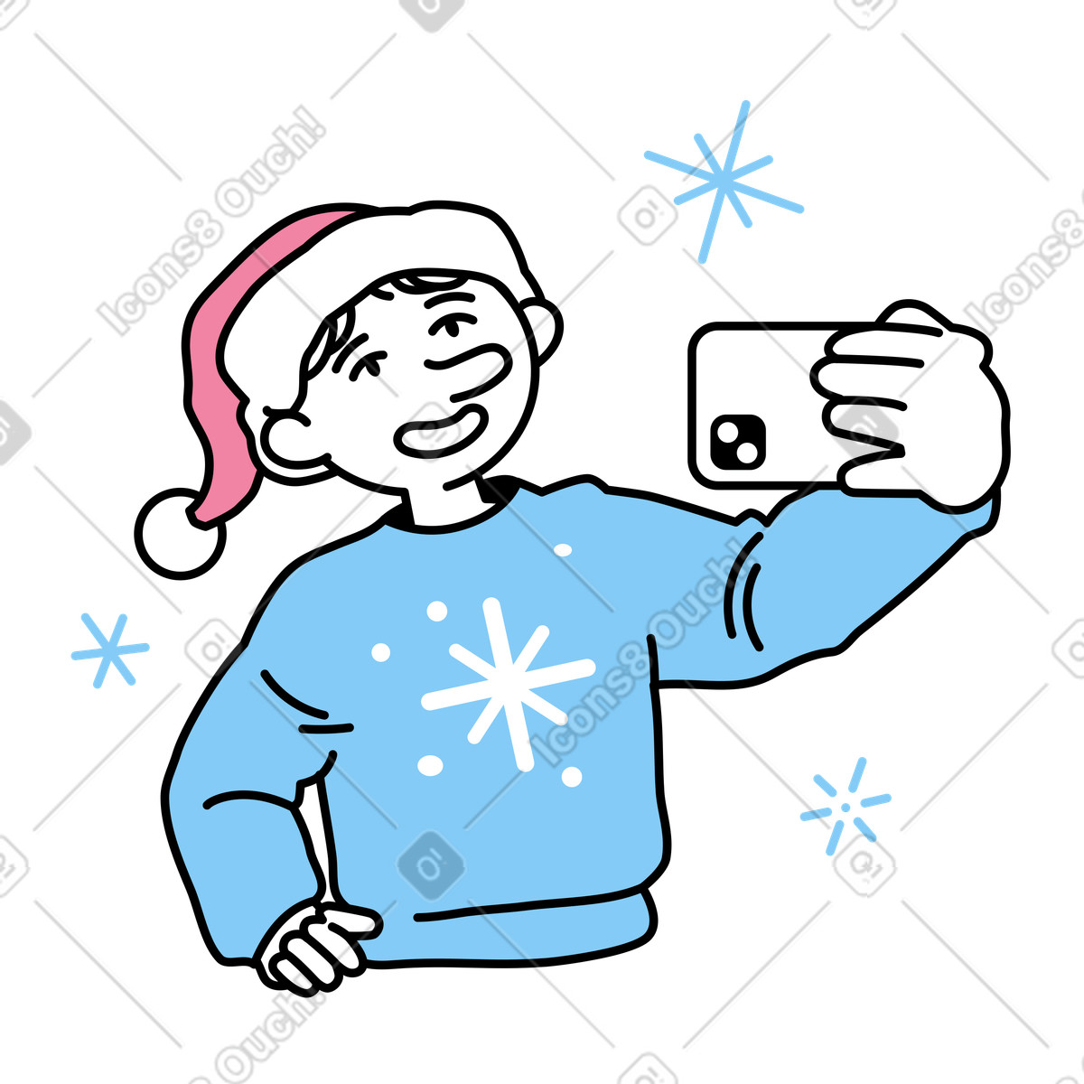 Uomo con maglione a fiocco di neve che scatta un selfie illustrazione in stile Notes scarica in PNG, SVG