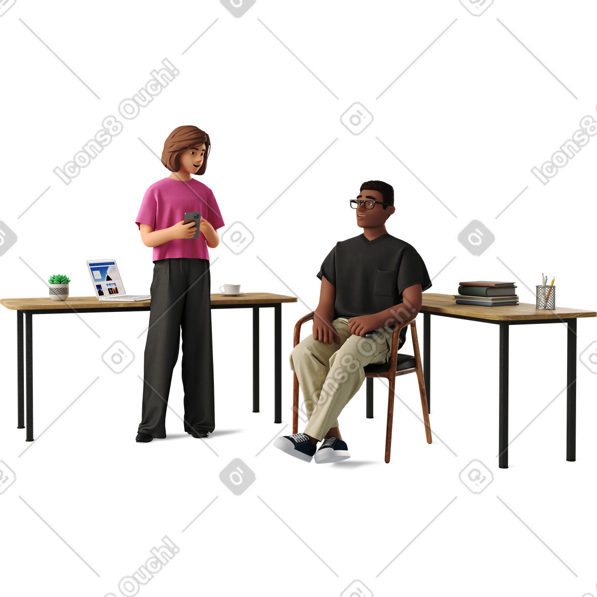 Ilustração de Female and male colleagues talking at work em no estilo 3D Business para baixar em PNG, SVG