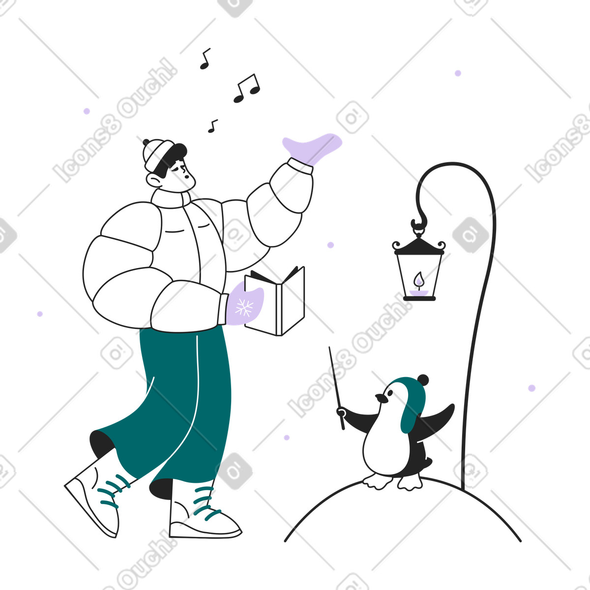 Illustration Guy et un pingouin chantant des chants de noël dans le style Sammy Line à télécharger aux formats PNG, SVG