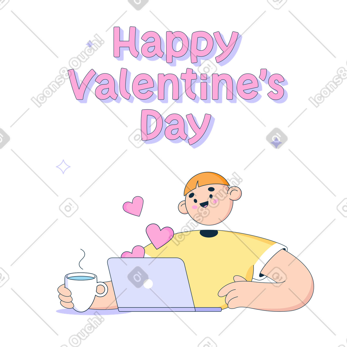 Ilustración Happy Valentine's Day lettering over a guy looking at laptop with hearts on it en estilo Bubble gum descargar en PNG y SVG