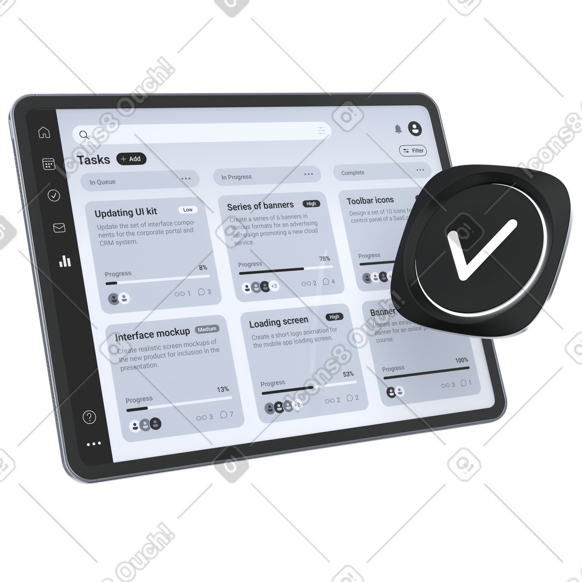 Task management dashboard, Project tracking interface, Team productivity system illustration in 3D Pro style download in PNG, SVG