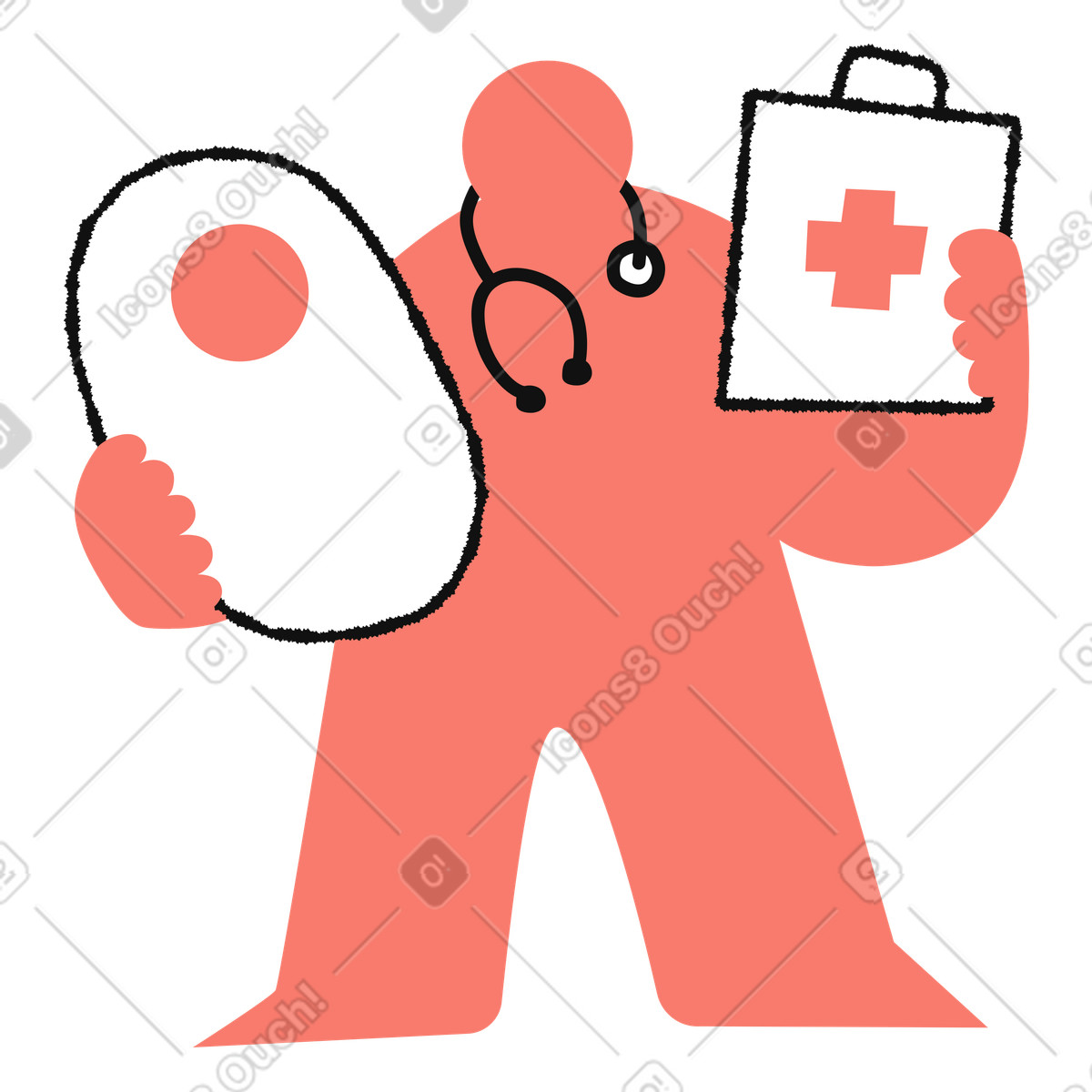 Bold People スタイルの Doctor holding baby and medical chart with stethoscope around neck のイラストをPNG、SVG形式でダウンロード