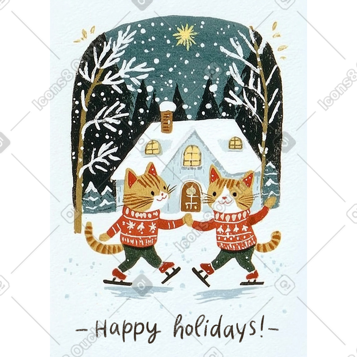Christmas postcard with orange cats ice skating illustration in Postcards style download in PNG, SVG