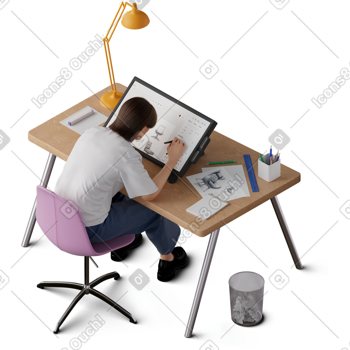 Illustration Isometric view of young woman sketching on graphic tablet dans le style 3D Hygge à télécharger aux formats PNG, SVG