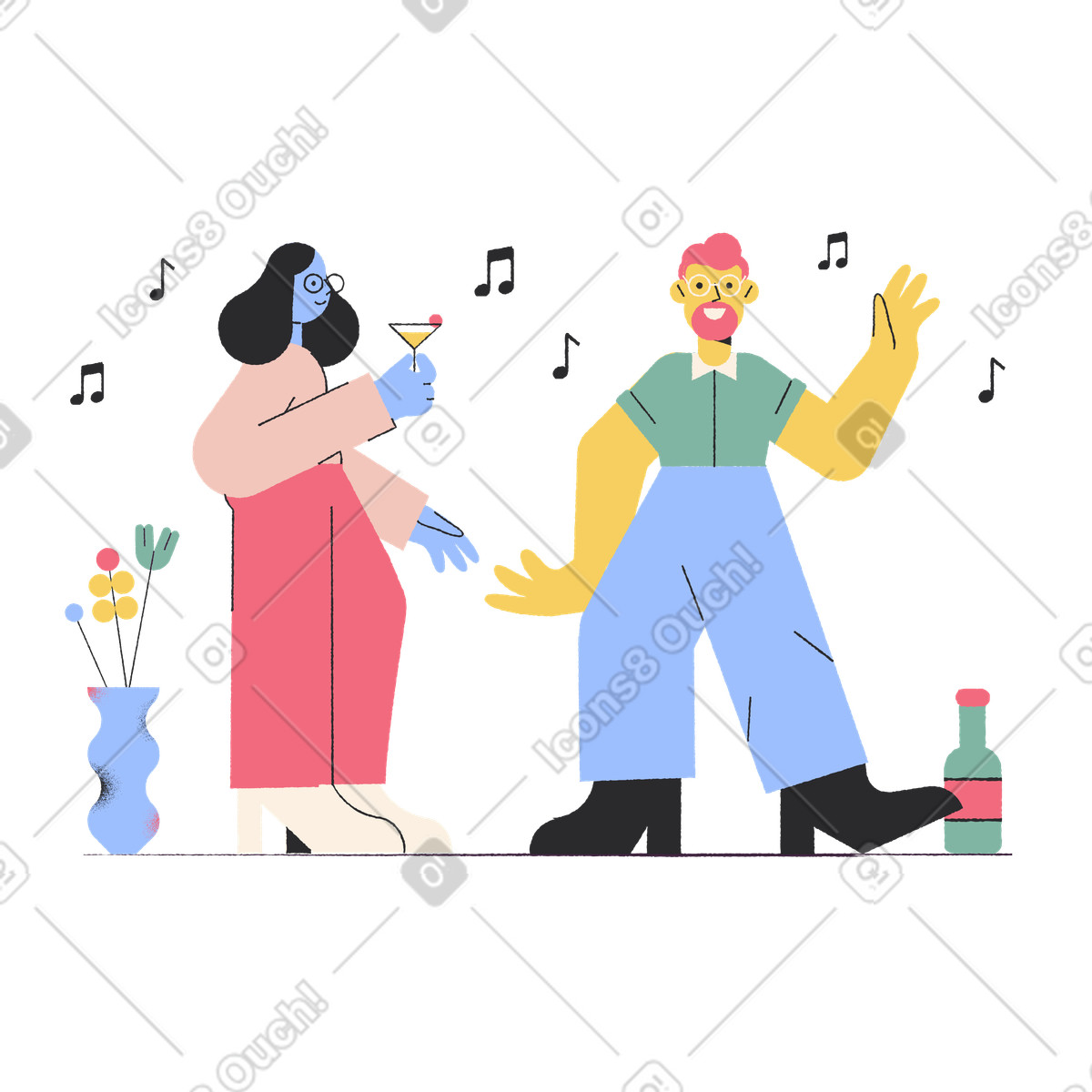 Menschen mit getränken tanzen auf party-Illustration im Pablo-Stil als Download in PNG, SVG