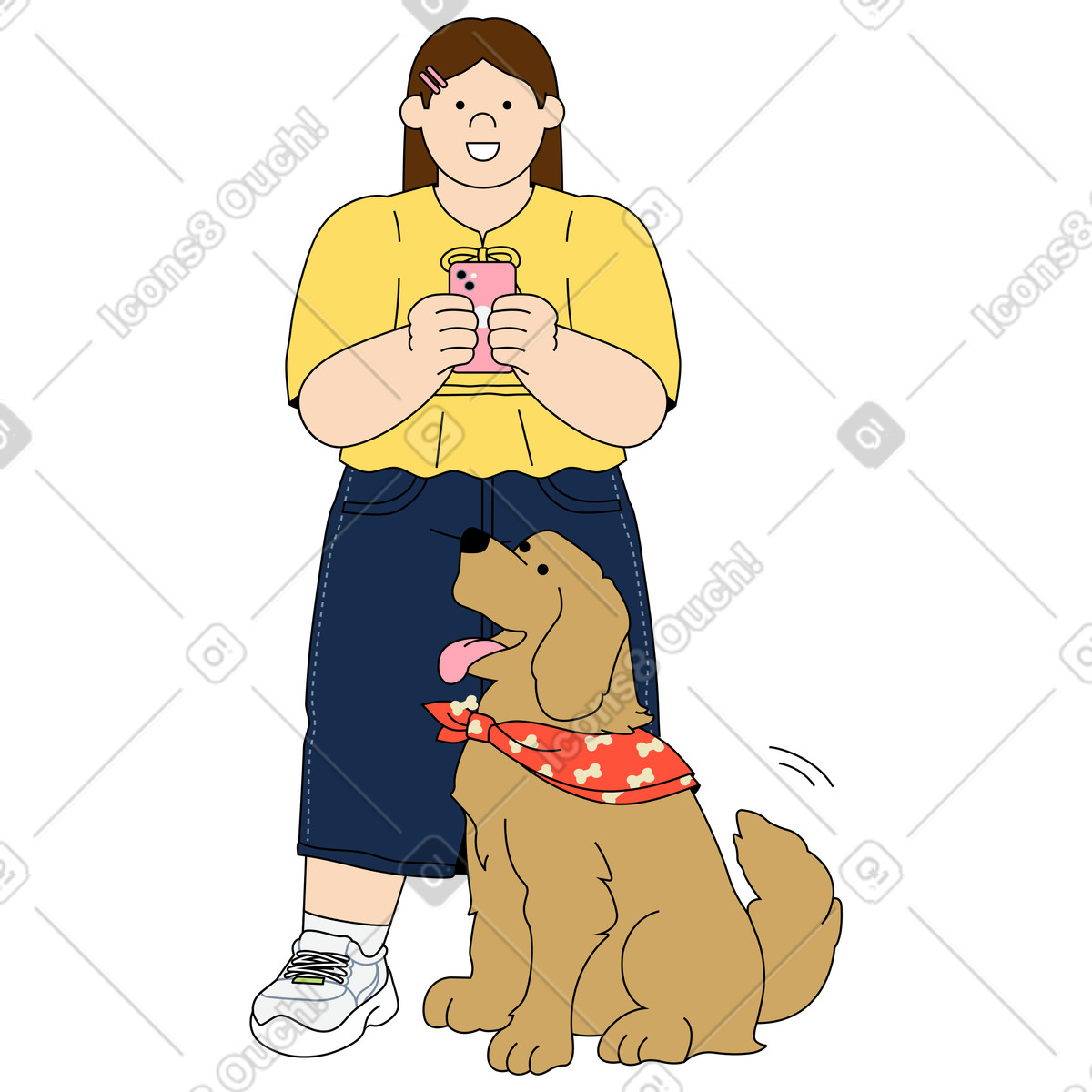 Ilustración Mujer usando un teléfono inteligente para tomar una foto de perro en estilo Kindy a descargar en PNG y SVG