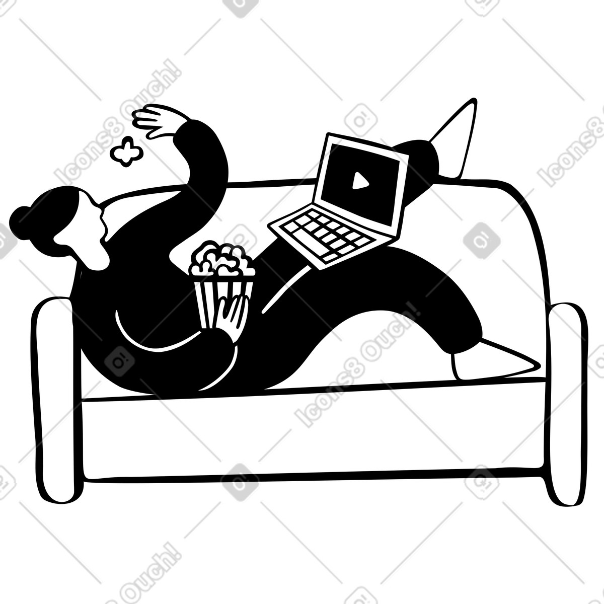 Woman eating popcorn and watching video online animated illustration in Journal style download in GIF, Lottie (JSON), AE