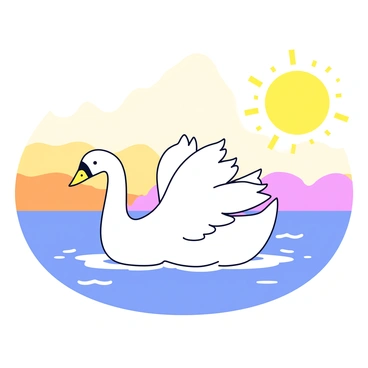 A graceful swan with white feathers is flying above a calm lake. The water reflects soft hues of orange and yellow from the golden sunrise. The background features gentle ripples on the lake's surface. The sky is filled with a gradient of warm colors as the sun rises, casting light on the scene. The swan's wings are spread wide, showcasing its elegant form in motion.