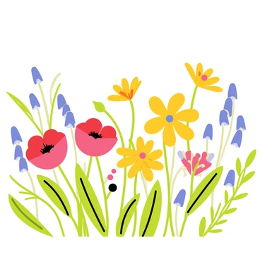 A garden filled with a variety of colorful wildflowers in different shapes and sizes. The wildflowers include bright red poppies, sunny yellow daisies, and soft bluebells, all with vibrant colors. Green leaves and stems weave through the flowers, adding depth to the scene. A clear blue sky can be seen above, enhancing the brightness of the garden. The arrangement of flowers creates a lively and cheerful atmosphere.