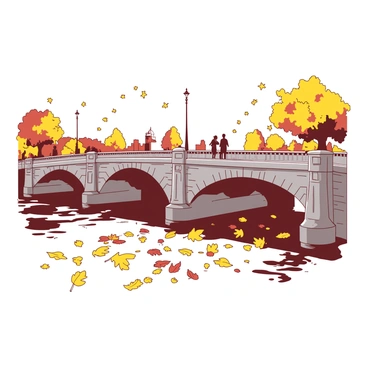 A scene depicting "golden autumn leaves" gently falling around "London Bridge." The bridge, with its distinct architecture, spans the river below, which reflects the soft glow of the autumn sun. The ground is covered with a carpet of leaves in shades of gold, creating a vibrant contrast with the grey stones of the bridge. In the background, the city skyline is visible, adorned with trees that are displaying their autumn colors. A few people are walking across the bridge, their silhouettes outlined against the warm hues of the falling leaves.