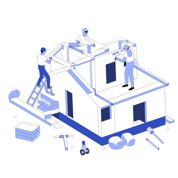 A group of construction workers is actively building a house on a site. One worker is standing on a ladder, carefully measuring a wooden beam, while another is using a power drill on a wall frame. Nearby, there are scattered tools including a saw, a hammer, and a level. Several stacks of wooden planks are arranged on the ground, alongside bags of cement and a wheelbarrow. The partially constructed house features exposed beams, and the foundation is visible beneath the structure.