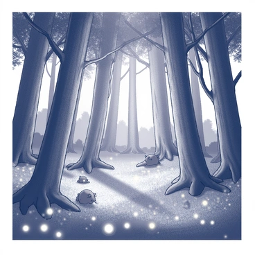 A dense forest filled with towering trees. The trunks of the trees are thick with textured bark, and the canopy creates a sense of depth above. Scattered throughout the forest floor, there are numerous flowers that emit a soft glow, illuminating the surroundings with a subtle light. Various mysterious creatures can be seen partially hidden among the foliage, with some peeking out from behind the trees and others blending in with the underbrush. The overall atmosphere is one of intrigue, with shadows and light playing across the scene.