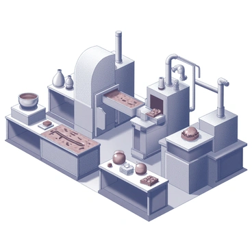 A large chocolate factory filled with intricate machines. The machines have various conveyor belts transporting chocolate in different shapes and sizes, such as bars, truffles, and molds. Several pipes and tubes are visible, directing streams of liquid chocolate from one area to another. There are large mixing bowls and cooling trays scattered throughout the factory. An assortment of tools and molds are arranged neatly on counters. The atmosphere features a sense of activity and industriousness as chocolate is being produced continuously.