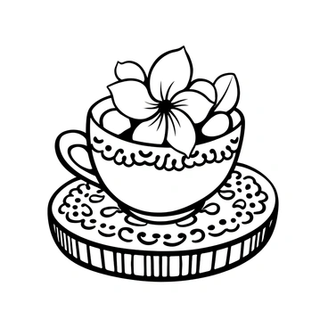 A quaint teacup filled with "gardenia petals" resting on a "lace doily." The teacup has intricate floral patterns, and the gardenia petals are delicately arranged, showcasing their soft, rounded shapes. The lace doily features detailed, repeating patterns and is placed on a wooden table surface with visible grain textures.