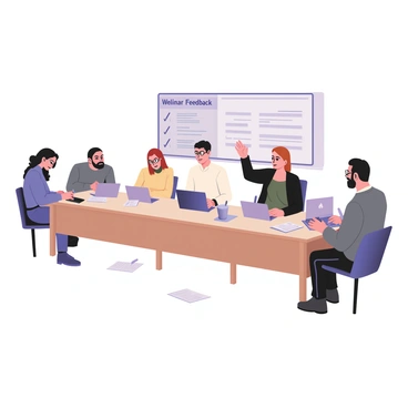 A digital flat illustration depicting a group of attendees engaging in the process of filling out a survey after a webinar session. There are six individuals sitting at a long table, each with a laptop open in front of them. The first attendee on the left is a woman with curly hair, wearing glasses and a blue sweater, jotting down notes. Next to her is a man with short hair, wearing a white shirt and blue jeans, focused on his screen. In the middle, there is a woman with long straight hair and a yellow blouse, looking thoughtfully at her laptop. To her right, a man in a black shirt is raising his hand to ask a question. The last two attendees are a woman with red hair and a green dress, and a man with a beard in a gray t-shirt, both exchanging comments about the survey. On the wall behind them, there is a large screen displaying "Webinar Feedback" alongside bullet points of key topics discussed. Some printed surveys and pens are scattered across the table.