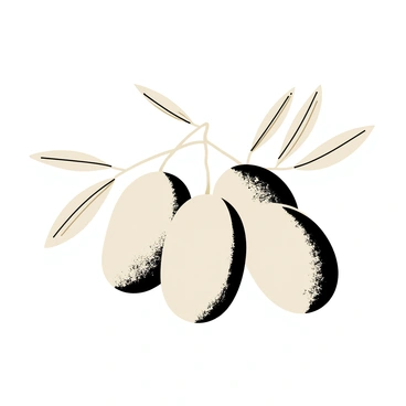 A monochrome illustration featuring several olives with smooth, rounded shapes. Each olive is adorned with intricate line patterns, creating detailed textures on their surfaces. The olives are arranged closely together, with some overlapping slightly, showcasing their glossy appearance. Delicate leaves extend from the stems of the olives, adding to the composition with their elongated forms and fine veins. The entire image is rendered in shades of black and white, highlighting the contrast between the olives and the patterns.