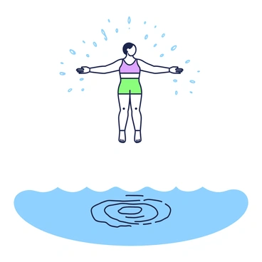 A diver is captured in mid-air, performing a graceful dive just before reaching the water surface. The diver is positioned with arms outstretched and legs straightened, showcasing a streamlined form. Water droplets sparkle around the diver, suspended in the air, highlighting the moment of descent. Below, the surface of the water is calm and reflective, with concentric ripples beginning to form as the diver approaches. The setting features a clear blue sky, creating a stark contrast with the action happening above the water.