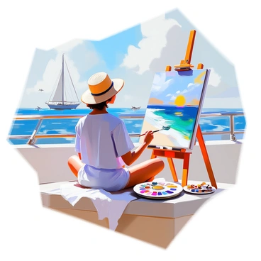 An artist with medium skin and short curly hair is sitting cross-legged on the deck of a yacht, focused intently on painting a vibrant seascape. She is wearing a light blue blouse and a straw hat to shield herself from the sun. The artist's easel is set up in front of her, holding a canvas that depicts a dynamic ocean scene with rolling waves and a clear blue sky. Nearby, a palette filled with a variety of colors rests on her lap, and brushes are scattered around her. The gentle motion of the yacht creates a slight breeze, causing the edges of her hat to flutter. In the background, the horizon stretches out with a few distant sailboats and seagulls gliding above the water.
